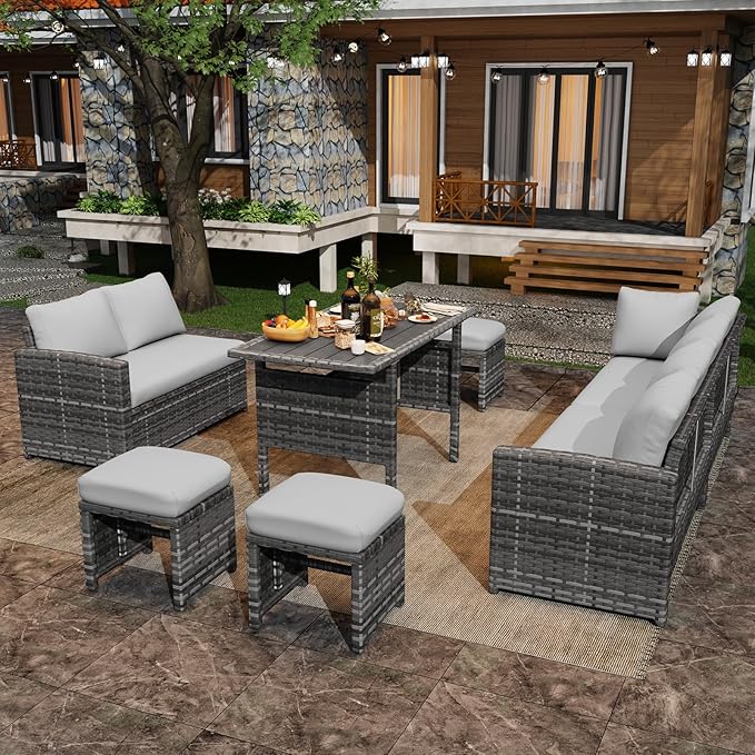 U-MAX 7 Pieces Patio Furniture Set, Outdoor Sectional Sofa Conversation Set, All Weather Wicker Rattan Dining Table & Chair with Ottoman, Grey Rattan&Light Grey Cushion