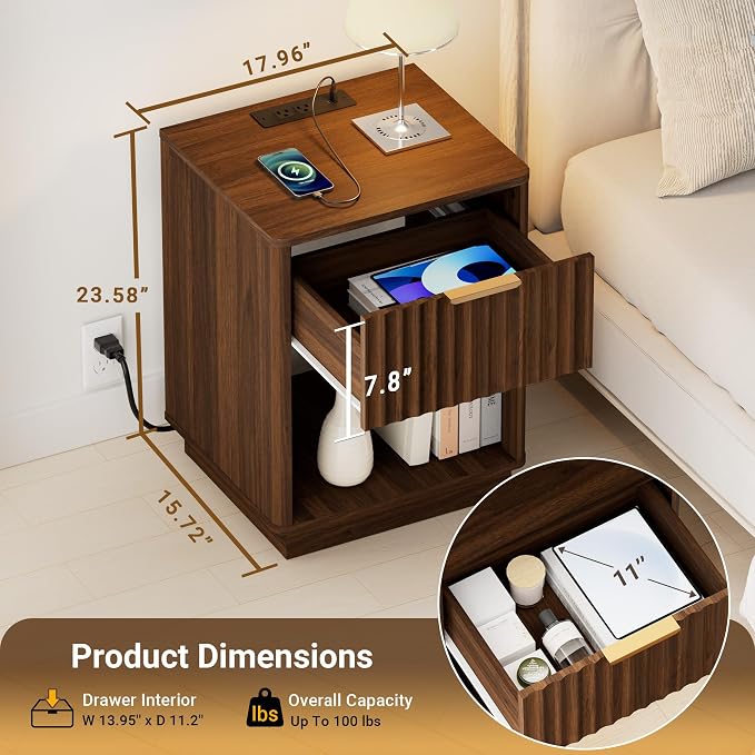 Fluted Nightstand, Night Stand Set 2, Walnut Nightstands Set of 2 with Charging Station, End Table with Drawer & Open Shelf, Modern Bedside Table for Bedroom Sofa Home Office,Curved Corners - Image 3