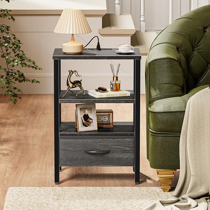 SUPERJARE Nightstand with Charging Station, Bed Side Table with Adjustable Fabric Drawer, Night Stand for Bedroom, 3-Tier Storage End Table, for Living Room, Charcoal Black Wood Grain Print - Image 7