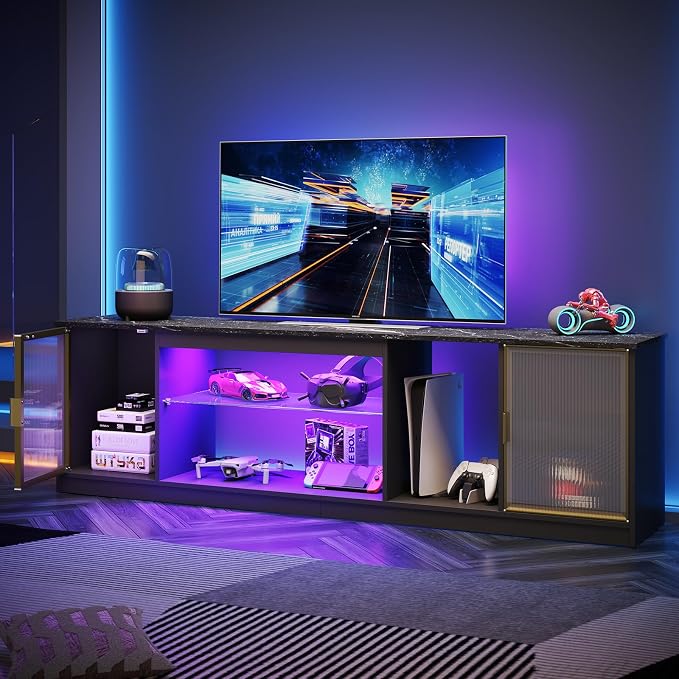 Bestier Black Marble RGB LED TV Stand for 65-75 Inch TV, 70.87" Farmhouse Entertainment Center with Tempered Glass Shelves & Storage Cabinets, Anti-Tip Media Console for Living Room Bedroom - Image 7