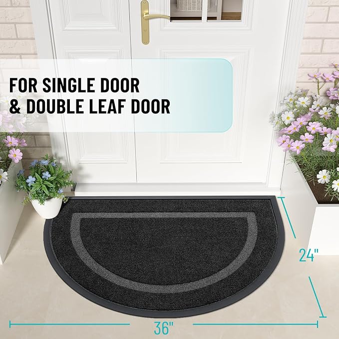 OLANLY Half Circle Door Mat Indoor Outdoor Entrance Welcome, Waterproof All-Season, All-Weather Doormat, Sturdy Natural Rubber, Low Profile, Easy Clean Patio Porch Entryway Mat, 36x24, Black - Image 2