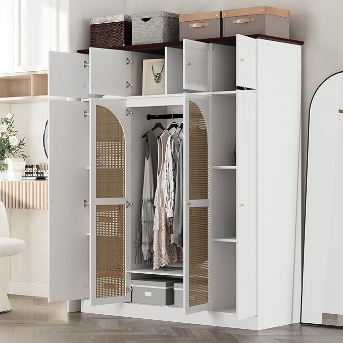 4 Doors Large Armoire Wardrobe Closet with Rattan Doors, 70.87" Tall Freestanding Wooden Closet Wardrobe Cabinet with Hanging Rod and Adjustable Shelves, Clothing Storage Cabinet for Bedroom, White