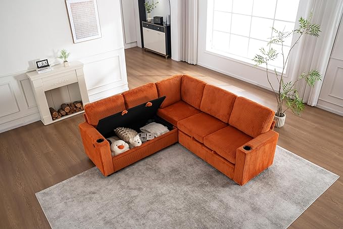 Eafurn 84" Sectional Sleeper Sofa with Pull Out Bed, L-Shaped Modular Corner Sofa with Hidden Storage, Cup Holders & USB Ports, Comfy Corduroy Fabric Convertible Couch for Living Room, Apartment | Breathable material, Side Pockets