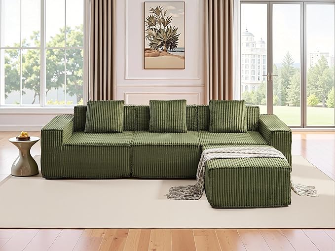 L-Shaped Corner Corduroy Sectional Sofa 4 Seat Modular Boneless Sofa Foam Cloud Couch with Movable Ottoman and Toss Pillows,Modern Deep Seat Convertible Chaise Sofa
