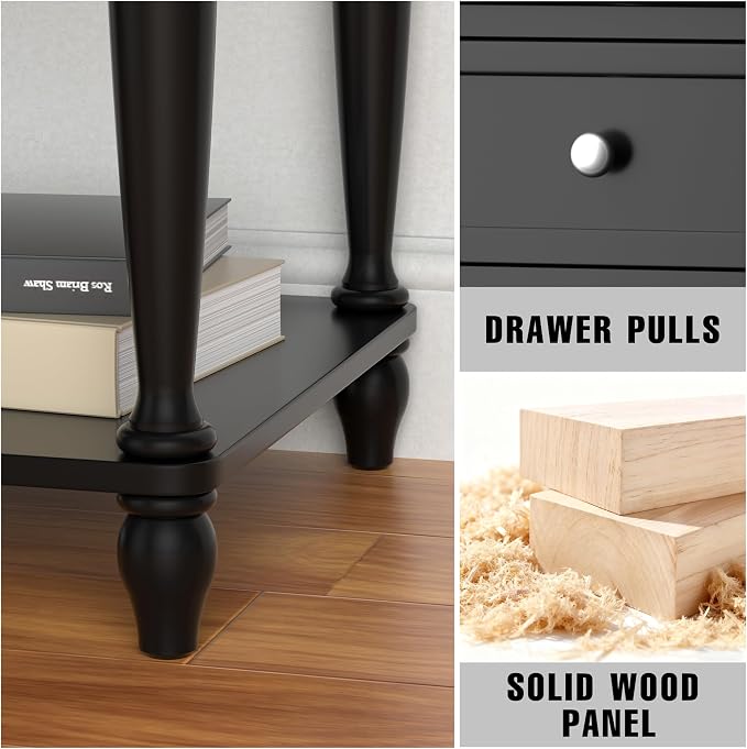 Solid Wood Nightstand with Charging Station, Traditional End Table with Drawers and Open Shelf, Bedside Table with Storage, Modern Side Table for Bedroom Set of 2, Black - Image 4