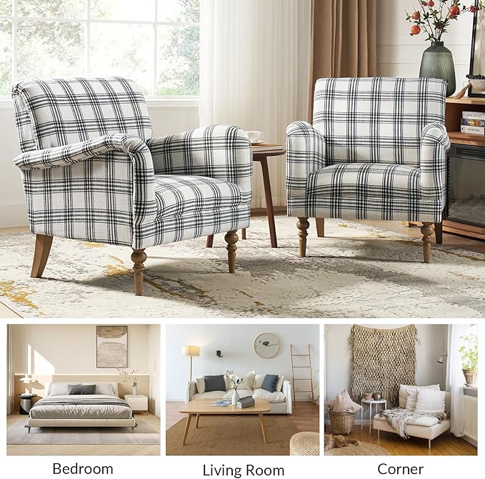 HULALA HOME Modern Accent Chair with Arms & Wooden Legs, Comfy Upholstered Armchair Sofa Chair for Bedroom Living Room(Plaid Pattern, Black)