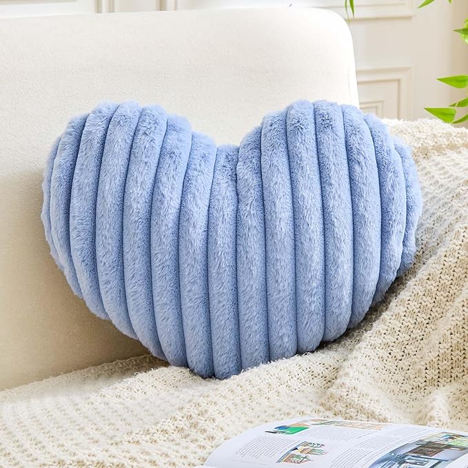 XVTRU Heart Pillows Heart Decorative Pillow Soft Fluffy Heart Shaped Dusty Blue Throw Pillows with Faux Rabbit Fur Aesthetic Room Decor Cute Small Pillow for Valentines Mother's Day