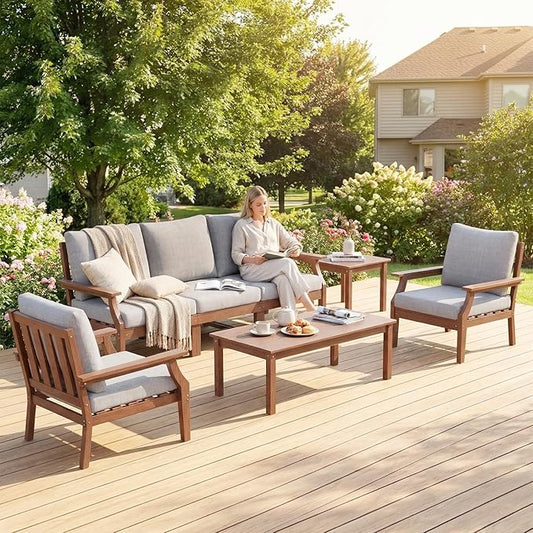 HDPE Patio Conversation Set, 7-Piece All Weather Outdoor Furniture Set with 2 Single Armchairs for Deck, Lawn, with Cushion, Brown