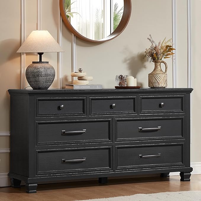 SAVOR LIFE Farmhouse Bedroom Dresser and Nightstand Set 3, 7 Drawer Dresser & 2 Drawer Nightstand Set, Rustic Wood Bedroom Furniture Set for Home, Hallway, Black
