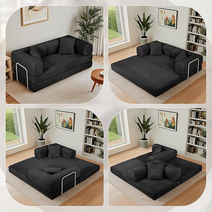 Eafurn 4-in-1 Convertible Folding Sofa Bed Boneless Loveseat Sofa in a Box - Foam Sleeper Couch with Fxied Frame, Modern Corduroy Upholstered Floor Couch & Fold Out Mattress | Breathable material, Fixed-shape Frame