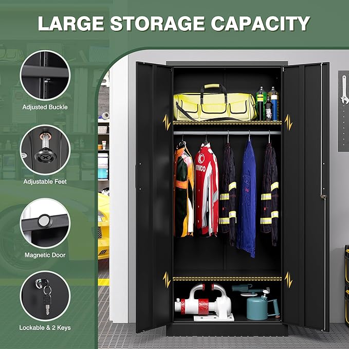 Metal Wardrobe Closet Cabinet,Armoire Wardrobe Closets Storage Cabinets with Doors and Shelves for Laundry Room,Bedroom,Home Office,Bathroom(Black)
