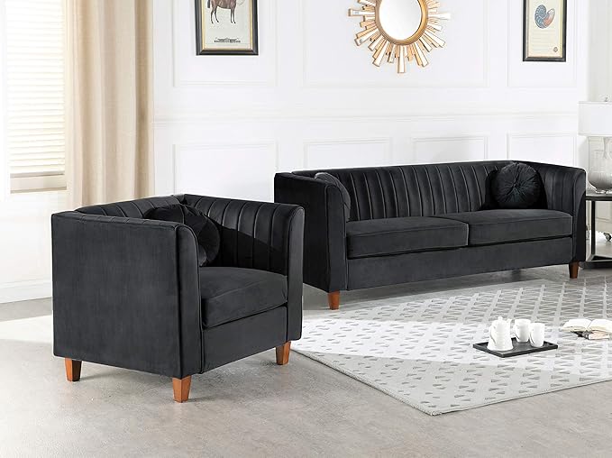 Arvilla Velvet Chair with Bolster Pillows, Soft Upholstery, Mid Century Modern Design, Chesterfield-Inspired Accent Armchair for Living Rooms, Midnight Black