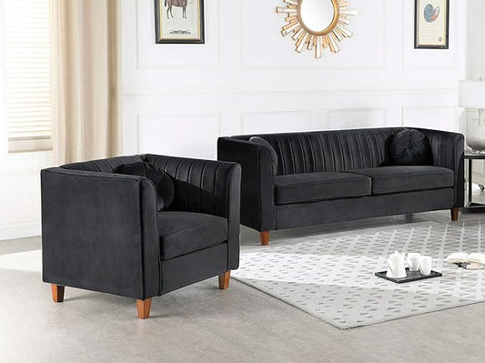 Arvilla 2 Piece Velvet Sofa Set with Bolster Pillows, Mid Century Modern Design, Chesterfield-Inspired Couch and Chair for Living Rooms, Midnight Black