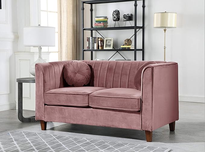 Arvilla 2 Piece Velvet Sofa Set with Bolster Pillows, Mid Century Modern Design, Chesterfield-Inspired Couch and Loveseat for Living Rooms, Salmon