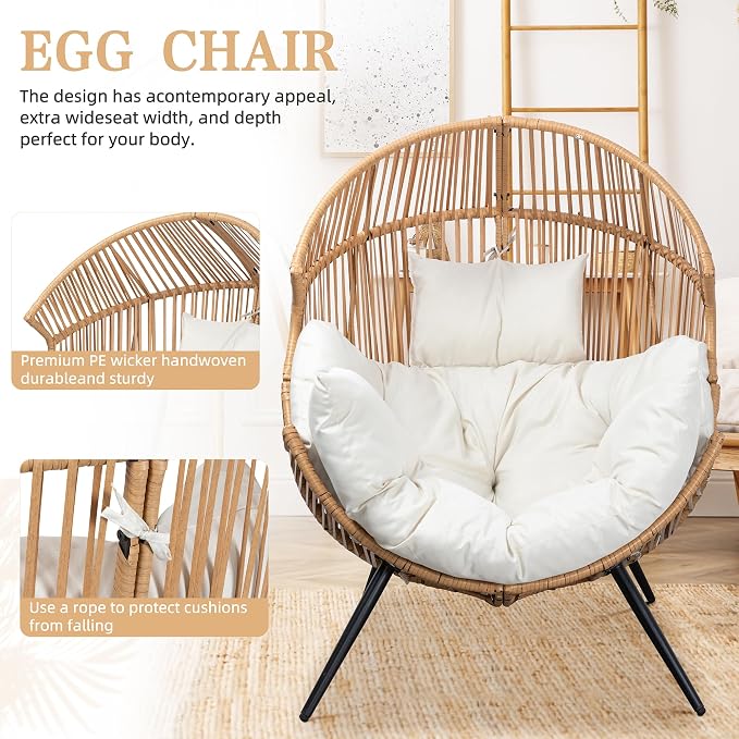 Vongrasig Outdoor Wicker Egg Chair PE Rattan Chair with Cushion, Oversized Patio Lounge Chair for Outdoor, Indoor, Balcony, Backyard, Garden, Beige - Image 4