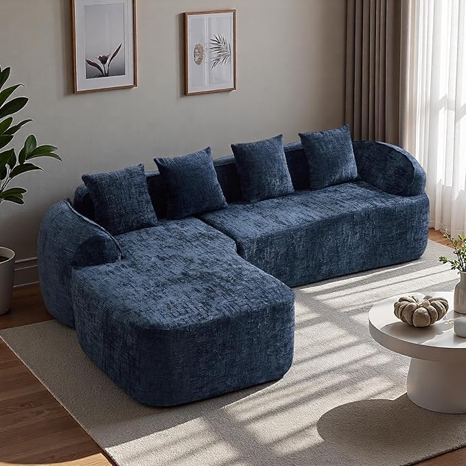 L Shaped Compression Sofa, Modular Couch with Curved Armrests & 4 Coordinating Pillows, Modern 101'' Chenille 4 Seater Sofa with Wide Seat for Living Room, Bedroom, No Assembly, Dark Blue