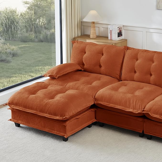 108" U Shaped Modular Sectional Sofa Couches for Living Room, Cloud Couch with Movable Ottomans, Comfy Chenille Sofa with Pillow-top Armrest for Bedroom Apartment | Free Combination, Tufted