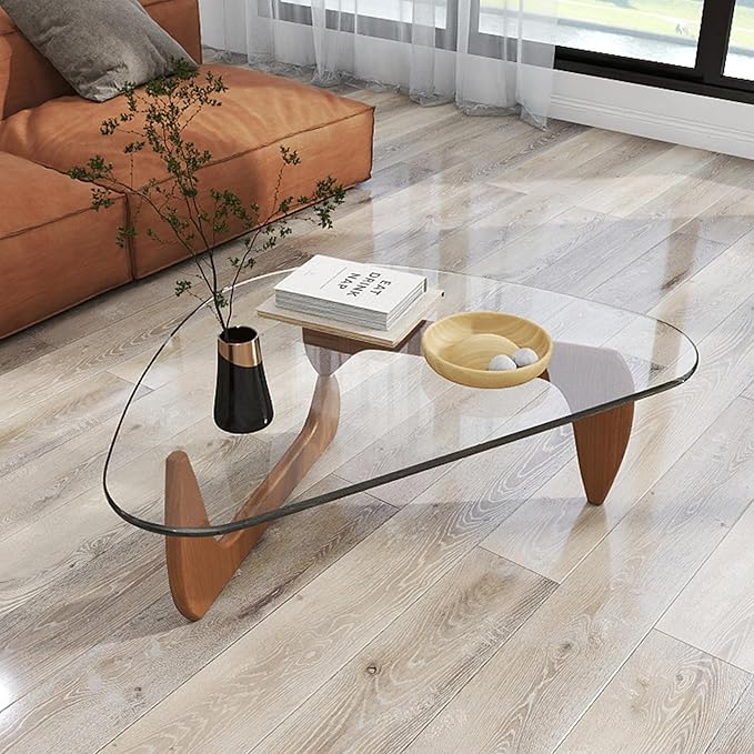 Glass Coffee Table Modern Coffee Table for Living Room, Farmhouse Mid Century Center Tables with Tempered Glass Top and Wooden Base,Rustic Walnut Brown Tea Tables for Small Space