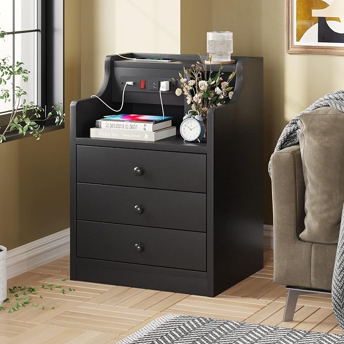 ADORNEVE Nightstand with Charging Station,Black Night Stand for Bedroom,End Table with Hutch & Storage Drawers - Image 7