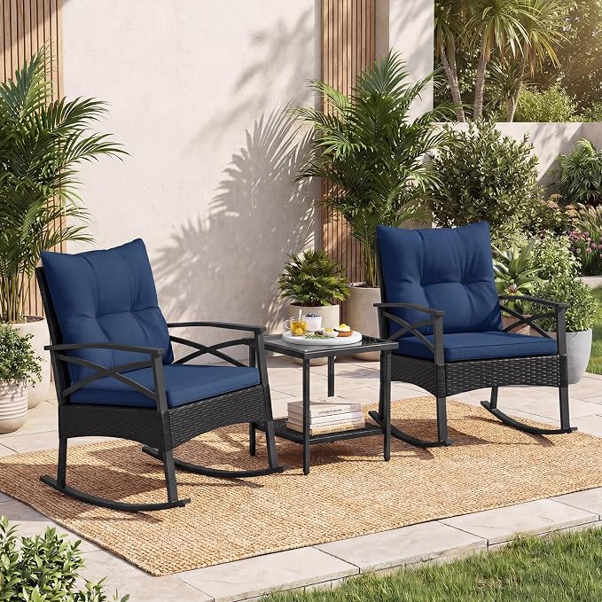 Tangkula 3 Pieces Outdoor Rocking Chairs Set, Rattan Heavy Duty Cushioned Rocker Chairs with 2-Tier Tempered Glass Coffee Table, for Garden, Balcony, Backyard (Black+Navy) - Image 2