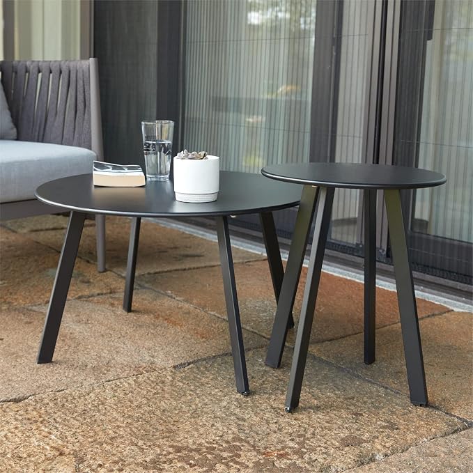 Meluvici Outdoor Patio Coffee Table Set of 2, Weather Resistant End Table, Round Nesting Tables for Living Room Balcony Office,Black - Image 4