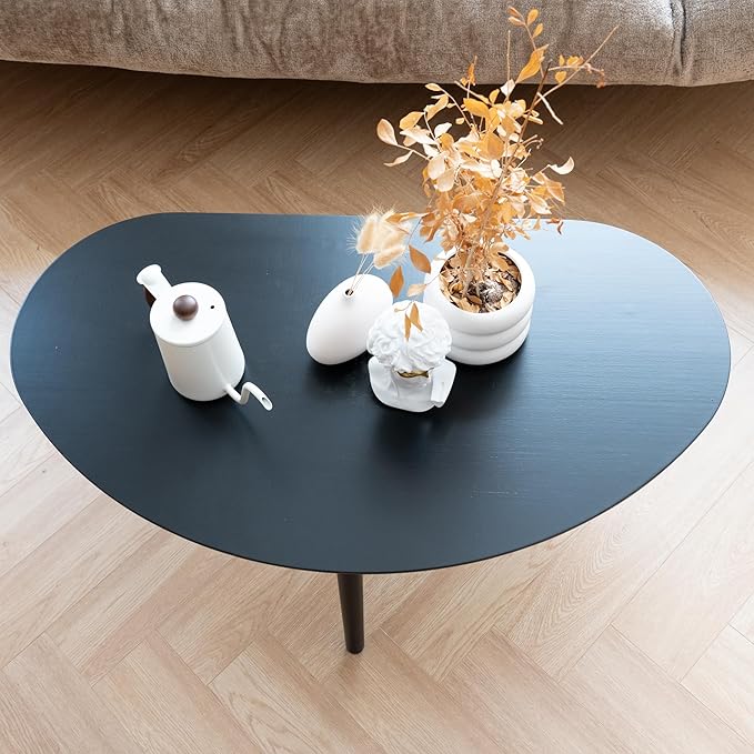 Small Oval Coffee Table Mid Century Modern for Living Room, Center Table,Solid Wood Coffee Table,Nature Wood (Black, 18.9" D x 33.85" W 12.4" H)