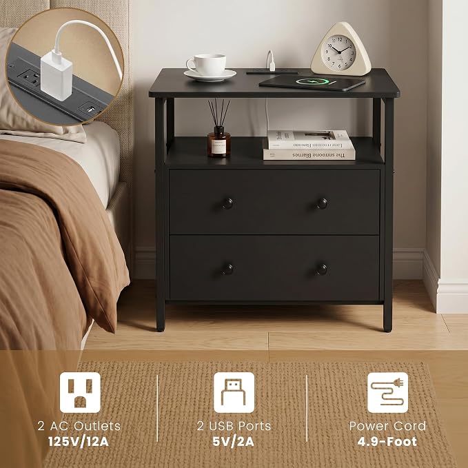 Edbuosy 27 inch Wide Night Stand Set 2 with Charging Station, Bedside Table with Open Shelf, 2 Drawers Small Wood Dresser, Modern Wood Nightstand for Bedroom/Living Room (Black) - Image 4