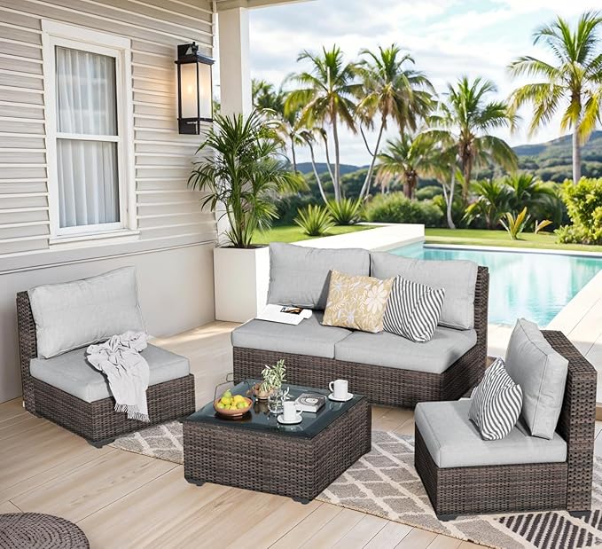 5 Piece Patio Furniture Set All Weather PE Rattan Outdoor Sectional Sofa Couch with No-Slip Cushions and Glass Top Table for Garden, Poolside, Backyard (Gray)