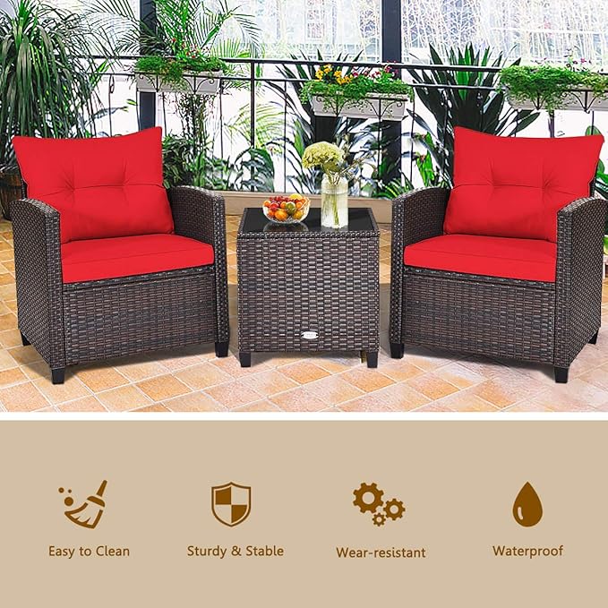 KOTEK 3 Piece Patio Furniture Set, Outdoor Conversation Set with Washable Cushions & Tempered Glass Tabletop, PE Rattan Wicker Bistro Set for Porch, Garden, Balcony (Red)