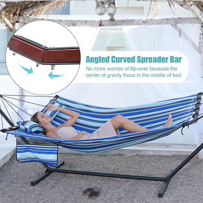TegerDeger 12FT 2 Person Hammock Large Hammock 450LB Capacity with V Shaped Hardwood Spreader Bar & Nylon Rope for Outside, Patio, Garden, Backyard, Beach, Poolside - Blue Stripes - Image 3