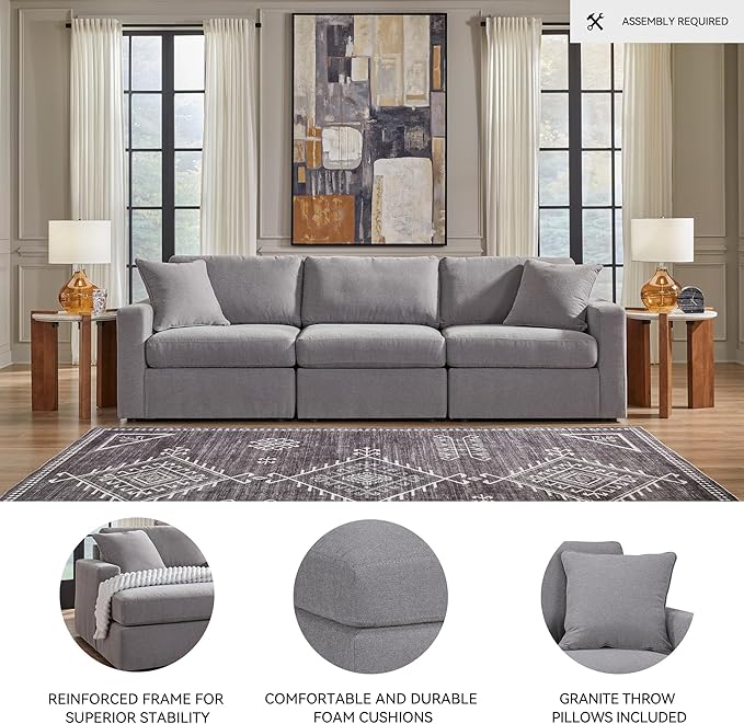 Signature Design by Ashley Modmax Casual Modular Stain Resistant 3-Piece Sofa with Removable Covers and 2 Accent Pillows, Light Gray