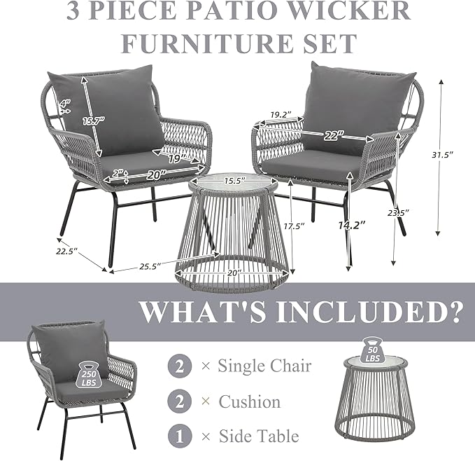 Bezseller 3-Piece Outdoor Patio Furniture Set - Rattan L-Shaped Sectional Sofa All-Weather PE with Detachable Lounger, Glass Coffee Table & Thick Cushions - Backyard, Poolside, Porch (Grey, 2 Seats)