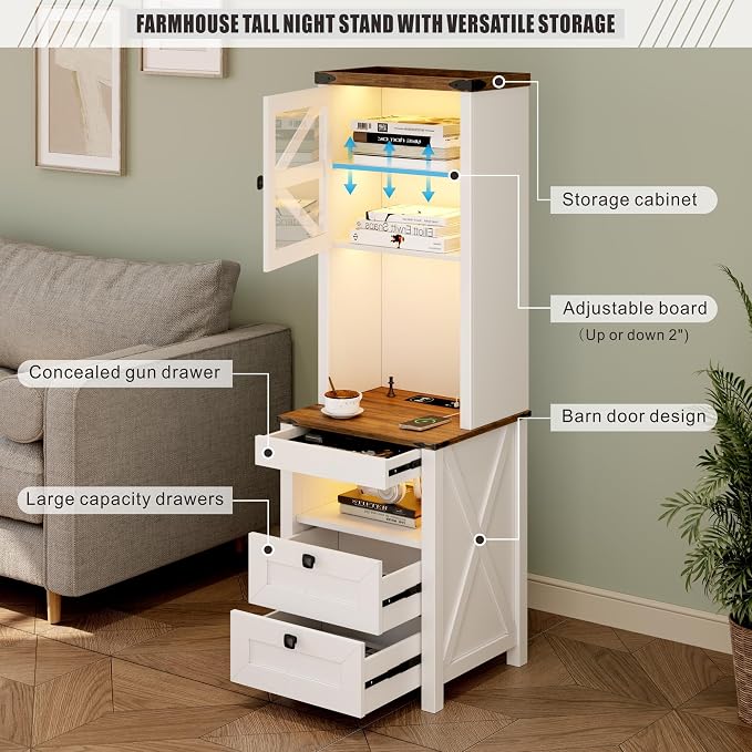 FREDEES Tall Nightstand with Charging Station, Bedside Table with Drawers & Adjustable Shelf, LED Night Stand with Gun Drawer, Farmhouse End Table for Bedroom, Antique White - Image 3