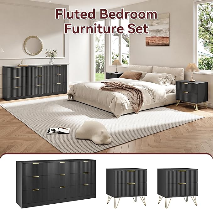 9 Drawer Dresser and Nightstand Sets for Bedroom, 3 Pcs Bedroom Set，Night Stand Set of 2 & 9 Drawer Dresser with Gold Handles, Modern Wood Chest of Drawers Storage Cabinet Set, Black