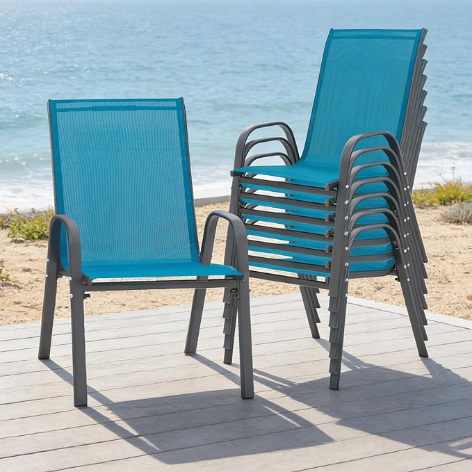 Outdoor Stackable Chairs Set of 8, Stacking Patio Chairs with Textilene Fabric, Outside Furniture for Garden Backyard Balconie Poolside Deck, Blue - Image 2