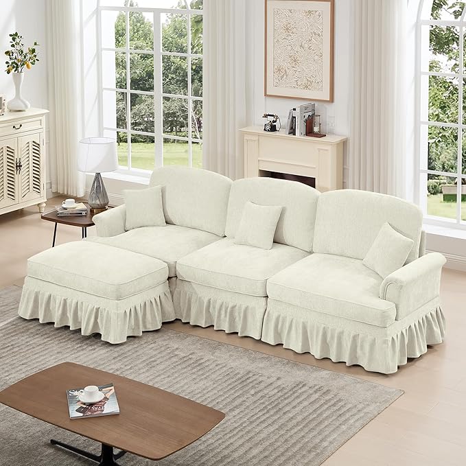 KEIKI Mid Century Modular Sofa with Flared Arms and Skirted Design, 107” Oversized 3-Seater with Ottoman Chenille L-Shaped Sectional Couches for Living Room, Chaise Lounge Indoor, Beige White