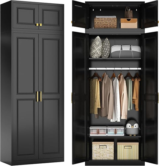 Metal Armoire Wardrobe Closet with Doors, 86" Tall Wardrobe Cabinet, Black Clothing Storage Cabinets with Adjustable Shelves for Bedroom, Home Office