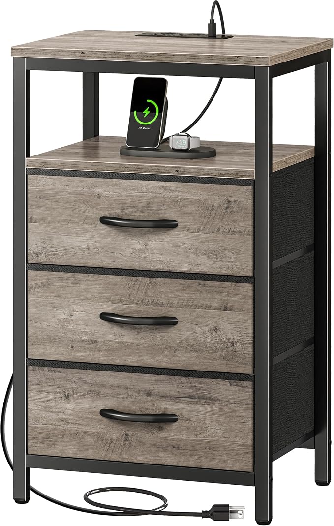 Huuger Nightstand with Charging Station, 27.6 Inch End Table Bedside Table with USB Ports and Outlets, Night Stand for Bedroom, Fabric Drawers, Oak by Huuger