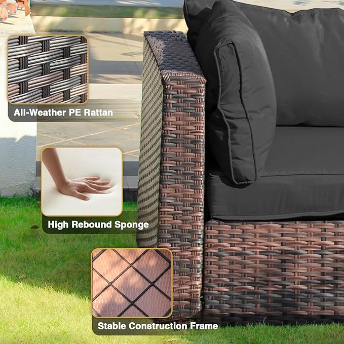 Patio Furniture Set with Fire Pit Table 10 Piece All Weather PE Rattan Outdoor Sectional Sofa Couch with 8 x armless sofa, No-Slip Cushions and Glass Top Table for Garden, Poolside, Backyard (Black)