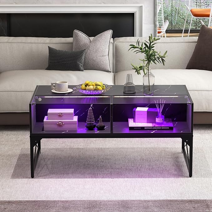 Giantex LED Coffee Table, High Gloss Coffee Tables with 4 Storage Cubes, 20-Color Lights, Remote Control, Faux Marble & Tempered Glass Top, Modern Accent Rectangle Center Table for Living Room (Black)