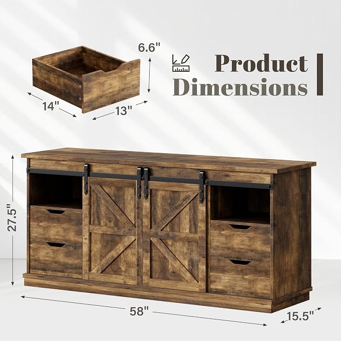 YESHOMY Farmhouse TV Stand for Televisions up to 65 Inch, Wood Entertainment Center with Sliding Barn Doors and 4 Storage Drawers, 58’’ Media Console Cabinet with Shelves for Living Room, Barnwood - Image 2