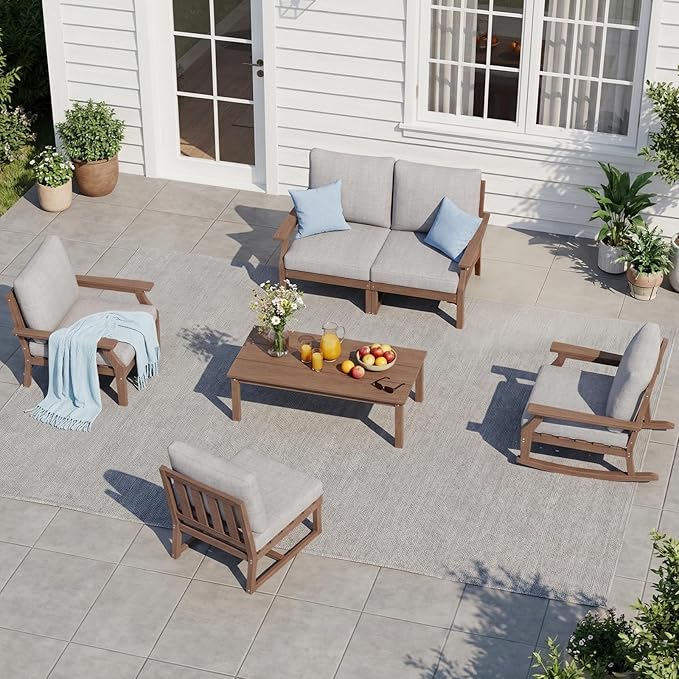 HDPE Patio Conversation Set, 6-Piece All Weather Outdoor Furniture Set with 1 Single Rocking Armchairs for Deck, Lawn, with Cushion, Brown