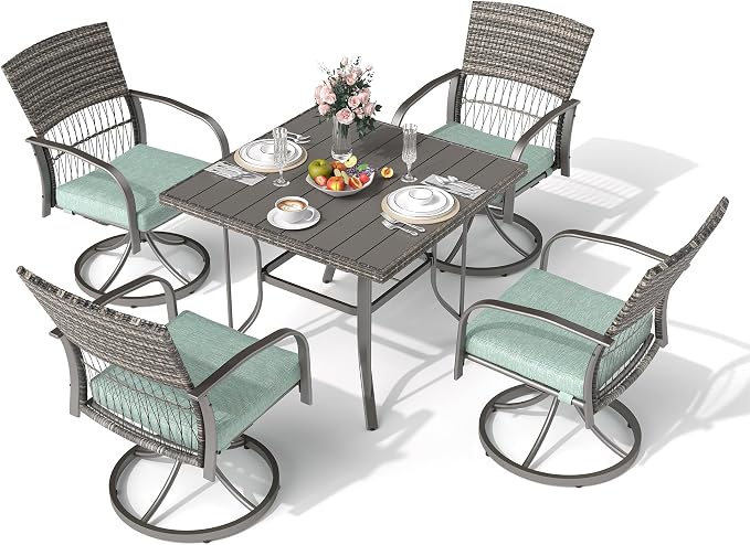 Pamapic 5-Piece Outdoor Dining Set with Swivel Chairs, Rattan Patio Furniture for Backyard, Deck, Garden, Weather-Resistant Iron Slats Table & 4 Chairs with Removable Cushions (Green) - Image 2