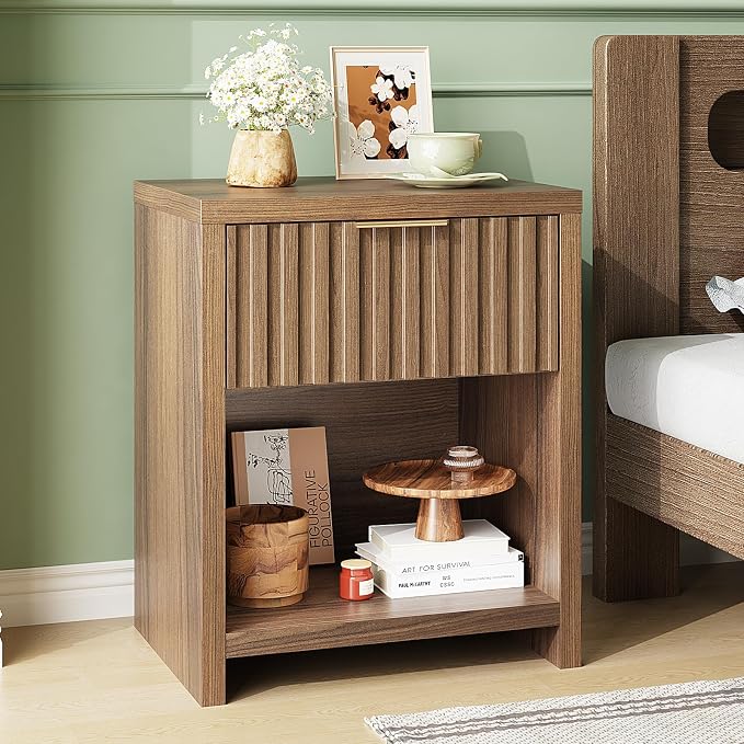 VINGLI Fluted Brown Nightstand, 20" W Mid Century Modern Nightstand for Bedroom, Bedside Table, End Tables Bedroom, Wood Side Table - Image 8