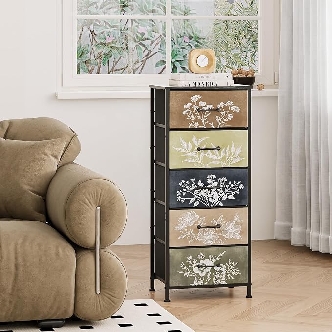Tohomeor Vintage Dresser Vertical Nightstand with Neutral Botanical Plant Fabric Chest Drawers for Closet Bathroom Storage Tower Unit Bed Side Organizer Farmhouse Rustic (Multi, 5 Drawers) - Image 6
