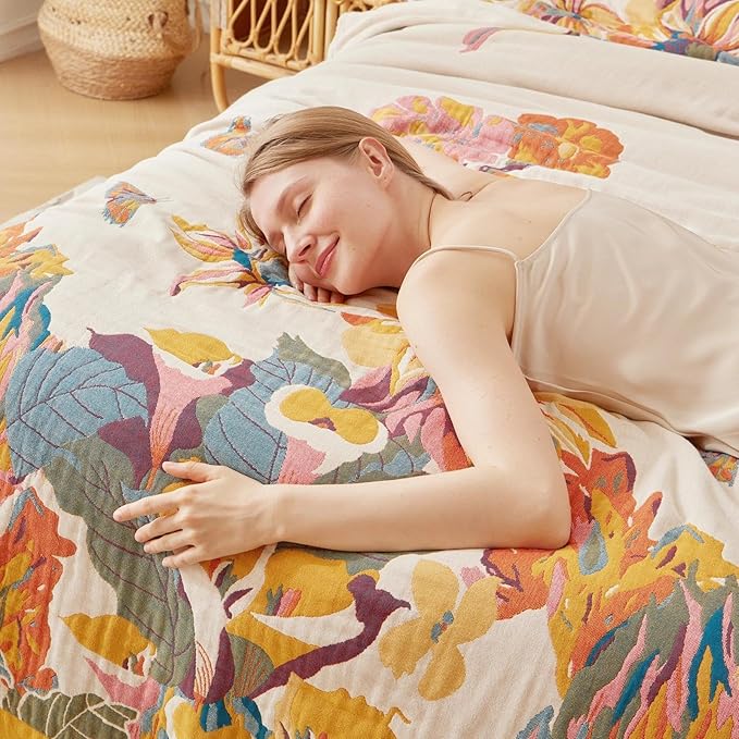Boho Throw Blanket 100% Cotton Soft Bed Throw Twin Lightweight Spring Blanket Floral Bird and Butterfly Room Decor Breathable Bed Blankets,60"x80" All Season Reversible Blankets for Sofa Couch Chair