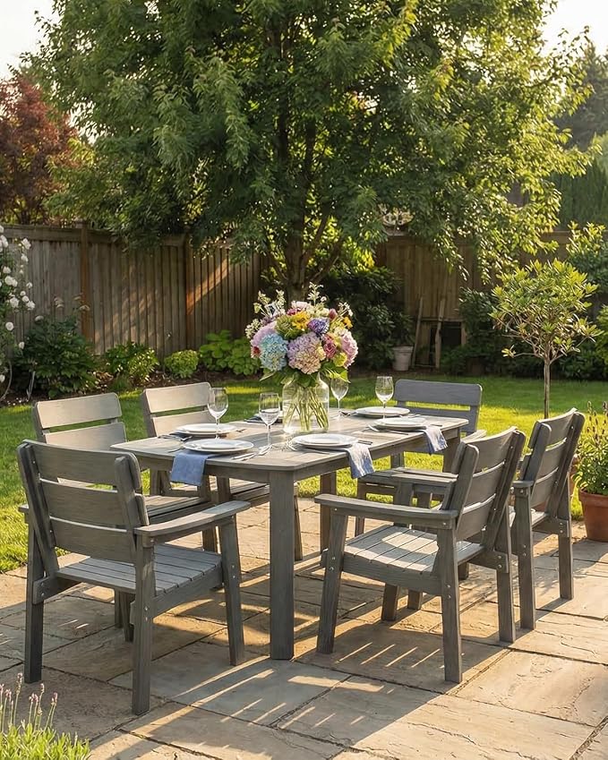 7-Piece Outdoor Dining Set, All-Weather HIPS Patio Table & Chairs for 6, Outdoor Furniture with Umbrella Hole, Ideal for Garden, Poolside, Backyard, Deck, Dark Gray - Image 8