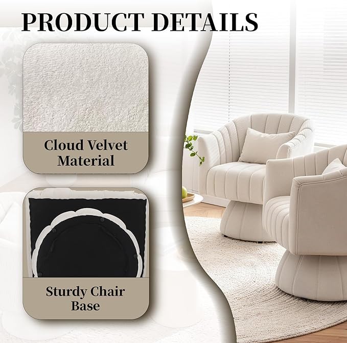 ClinQ Swivel Barrel Chair with Pillow & Side Pocket Set of 2, 360° Cloud Velvet Round Swivel Accent Chair, Cuddle Reading Lounge Chair for the Living Room, Bedroom, Office, White-Vertical Stripes