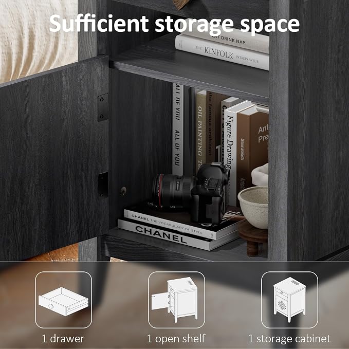 Nightstand with Charging Station and Drawers for Small Space,Wood Nightstand with Storage Cabinet & Drawer & Shelf,Modern and Farmhouse Night Stand for Bedroom,Black - Image 5