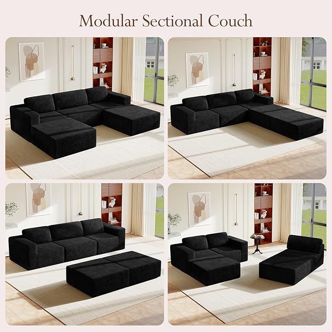 Vesgantti 119" Oversized U-Shaped Modular Sectional Sofa, Corduroy Cloud Couch with Deep Seating & Spring Support, Convertible Sofa with 2 Ottomans, Boneless Couch, No Assembly Required, Black
